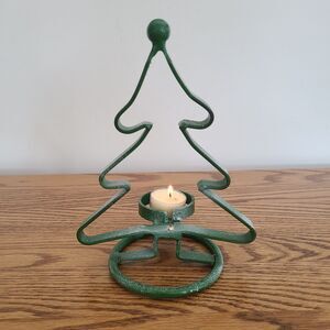 Vintage Green Cast Wrought Iron Metal Christmas Tree Tealight Candle Holder
